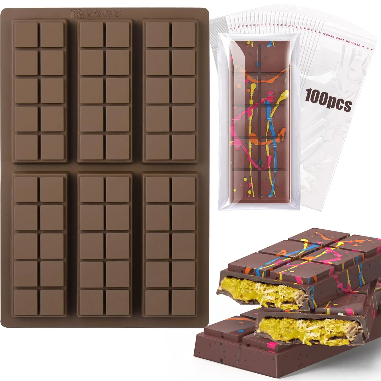 Stampo per tavoletta di cioccolato a 6 fori, stampo per tavoletta di cioccolato spesso riempito in silicone Knafeh Barra di cioccolato al pistacchio (10 bottoni) e sacchetti da 100 pezzi): Di Colore Giallo chiaro