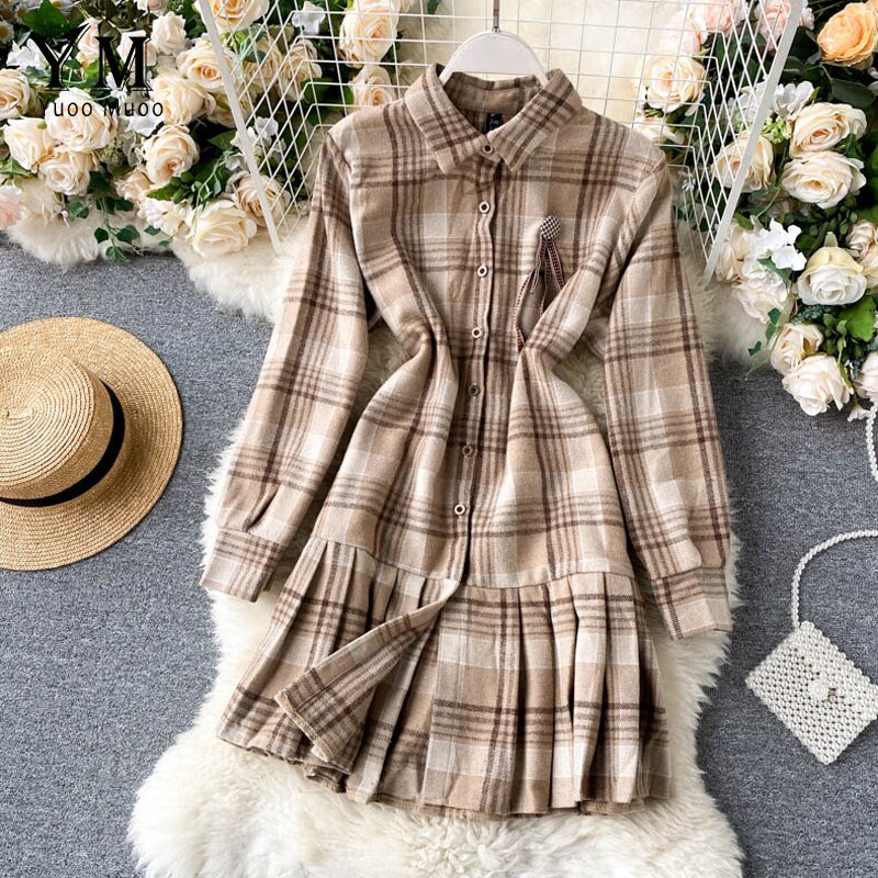 Yuoomuoo vintage rutig långärmad skjortklänning höst flicka college kort veckad klänning sundress casual damklänning