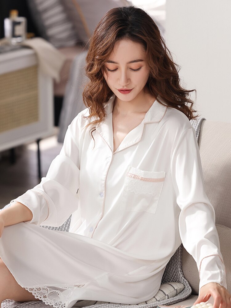 Summer Ice Silk Nightgown for Women Lace Bedgown Night Dress for Ladies Satin Silk Nightshirt Sleepwear