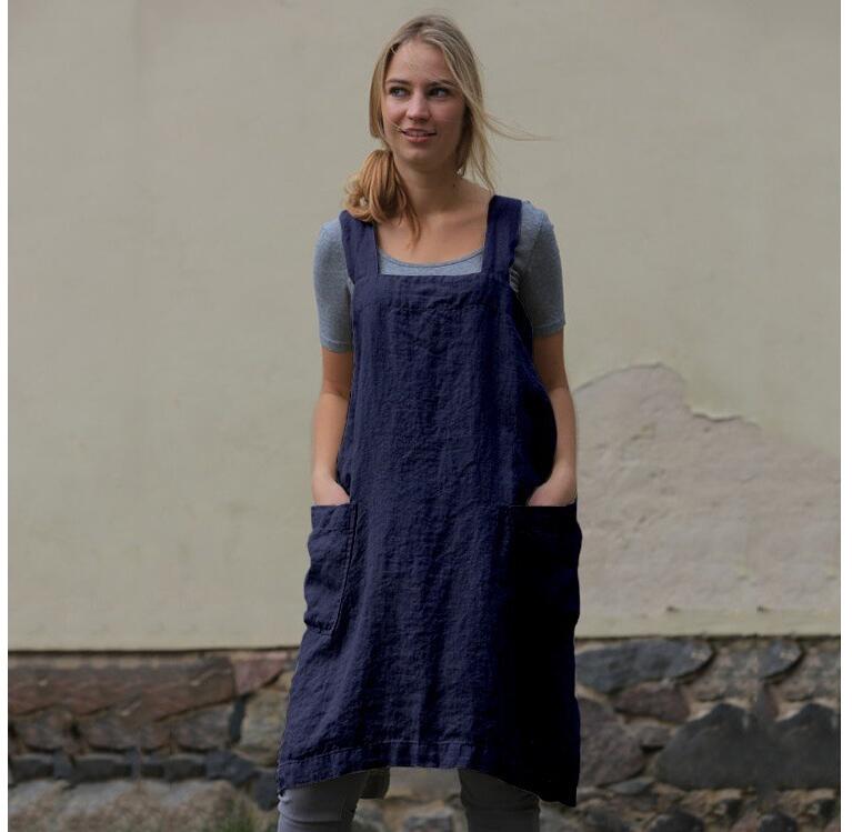 Delantales de lino y algodón de estilo japonés, vendaje cruzado sólido en forma de X para la espalda, cocina, restaurante, delantal de cocina, ropa, Herramientas de limpieza para mujer: S / Azul