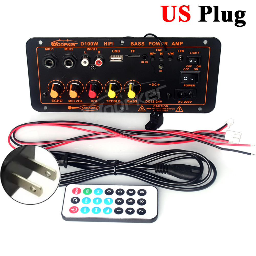 Woopker-placa amplificadora Bluetooth D100W, amplificador Digital Max 300W, 220V/12V/24V, compatible con micrófono Dual, reproductor MP3: Castaño