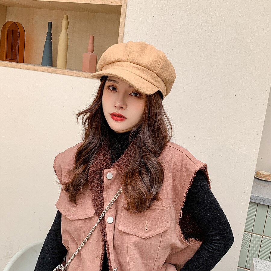 YQYXCY Winter Hats For Women Thickened Warm Beret Octagonal Hat Female Retro Painter Cap Solid Color Newsboy Cap Gorras Korean: camel