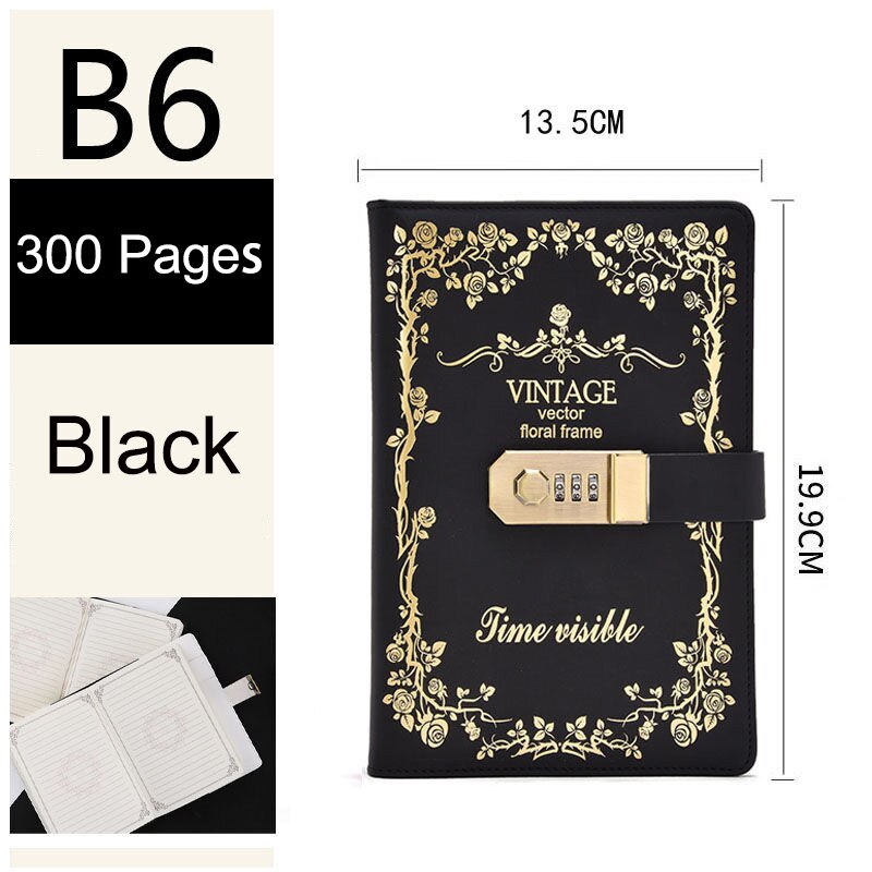 Password Lock Notebook A5 360 Pages Diary Notebook B6 300 Page Students Secretly Keep Notebook Diary Hand Ledger: B6 Black