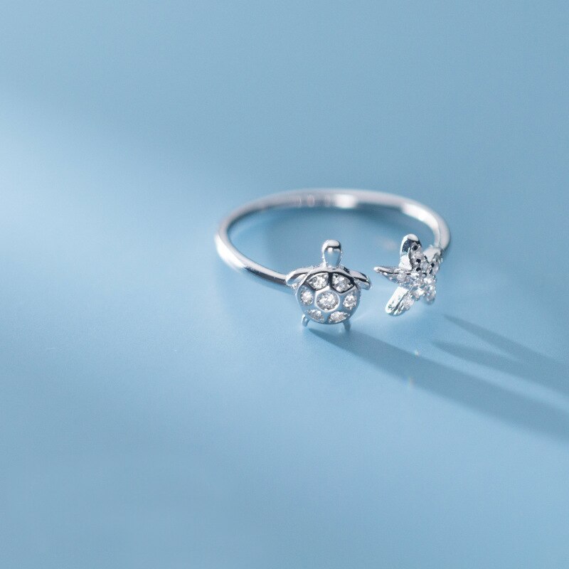 MloveAcc authentique 925 argent Sterling étoile de mer et tortue taille ouverte bagues pour femmes bijoux en argent Sterling