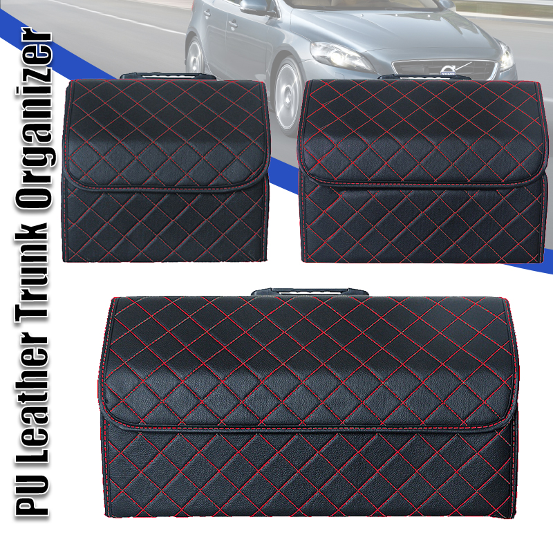 Car Storage Bag PU Leather Trunk Organizer back red line