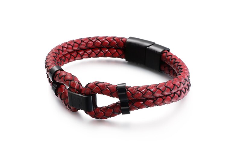 Pulseras de dijes cruzados de acero inoxidable de 210mm para hombre, joyas de cuero negras/rojas de doble capa: KB110746-K