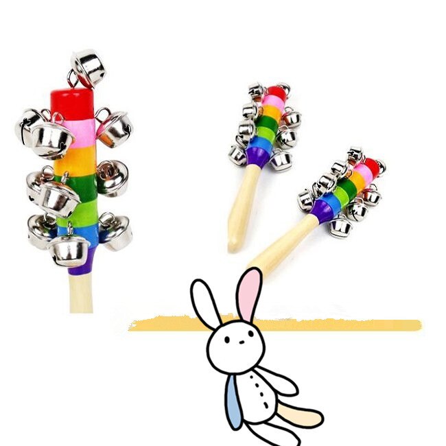 Baby's Bell Rattle Rainbow Shaker Stick Educational Toy Handle Wooden Activity Bell Ring Rainbow Musical Instrument