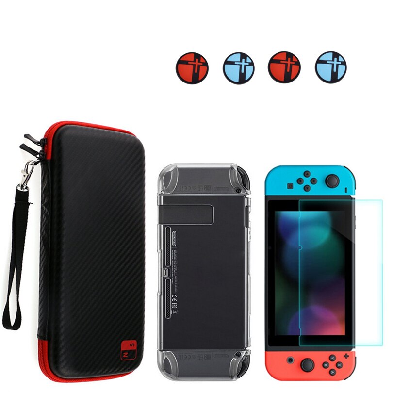 For Nintend Switch NS Console Carrying Storage Bag Tempered Glass Screen Protector Shell + Silicone Case for Joy-Con Accessories: Pack F