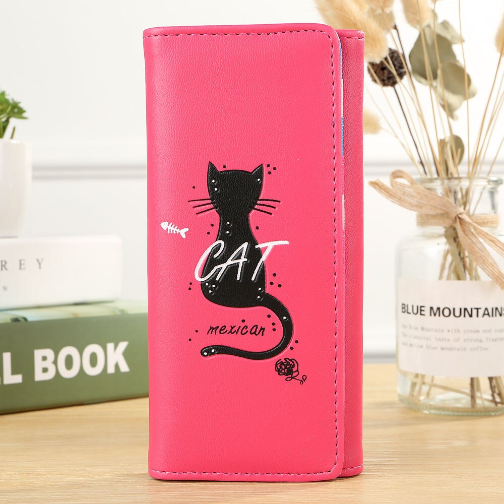 Women Simple Cat Long Wallet Coin Purse Card Holders Handbag Package Fold Pu Leather Female Coin Purse Card Holder