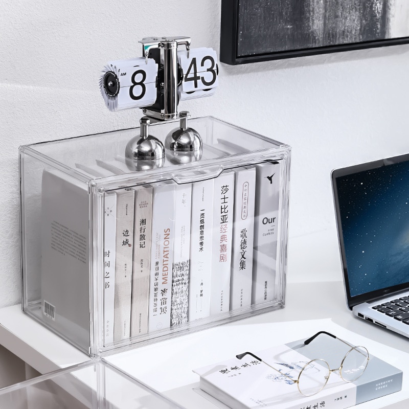 Desktop book organizer gennemsigtig støvtæt magasin opbevaringsboks fortykket plast reol kontor indretning bogreol vitrine