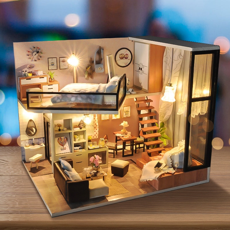DIY Holz Puppe Haus Moderne Stadt Loft Kinder Spielzeug DIY Miniatur Puppe Haus Holz Kit Möbel Lampe Bett Zabawki Dla dzieci