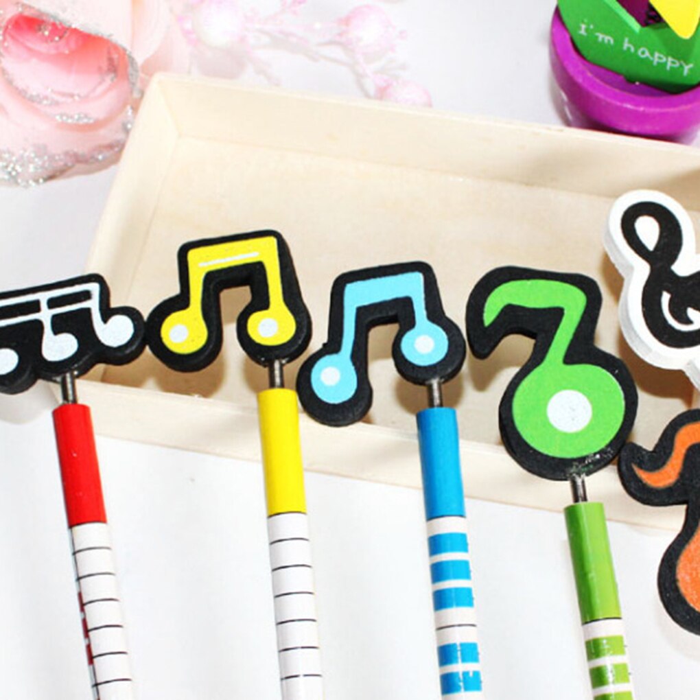 ZHUTING 6PCS Cartoon Music Notes Colorful Wooden Child Kids Students Pencils Stationery Color Random