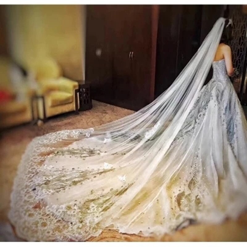 White Ivory Cathedral Wedding Veils Long Two-Layer Lace Edge Bridal Veil with Comb Wedding Accessories Bride Veil Veu De Noiva