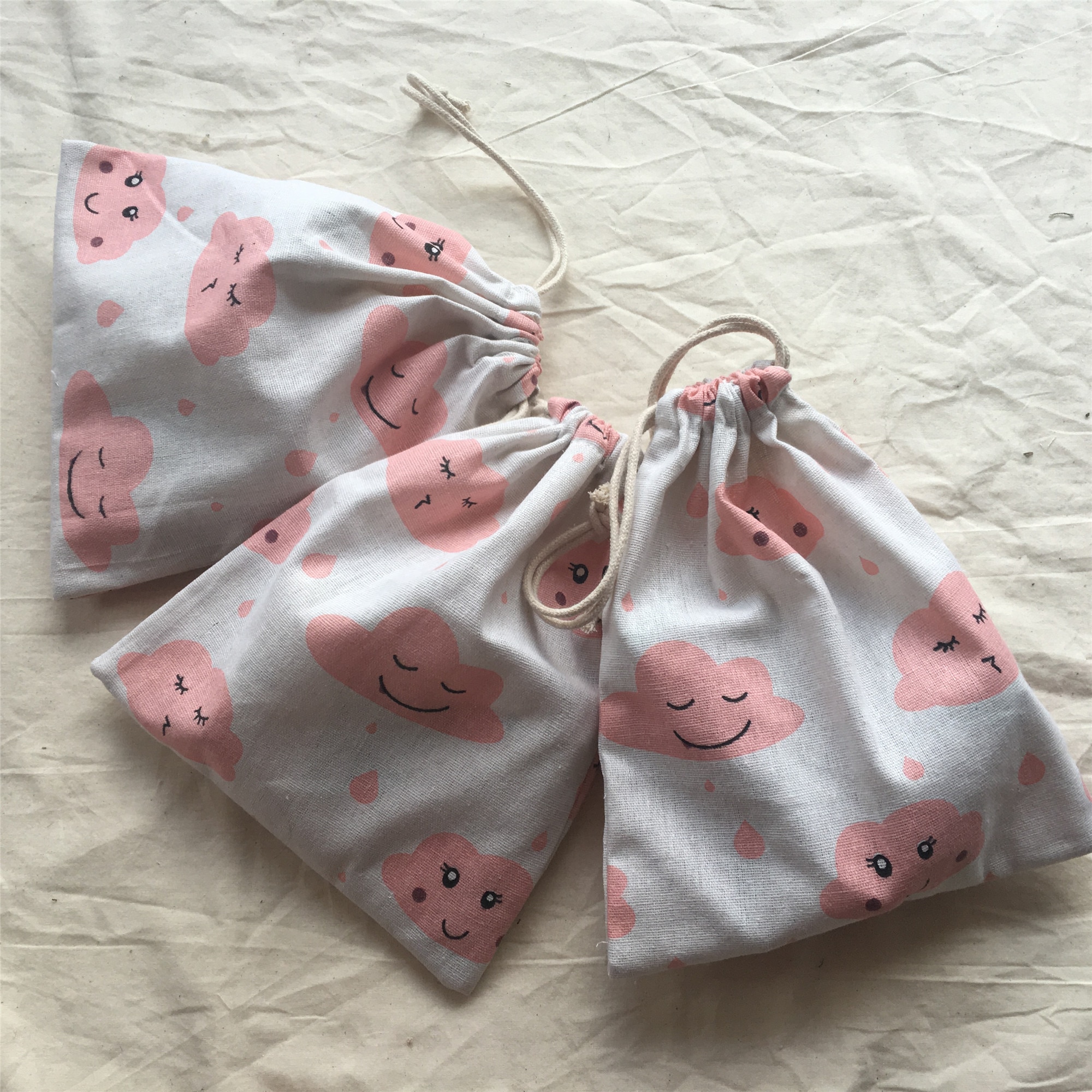 1pc Cotton Linen Drawstring Organized Bag Party Pouch Print Pink Cloud Rain YL1