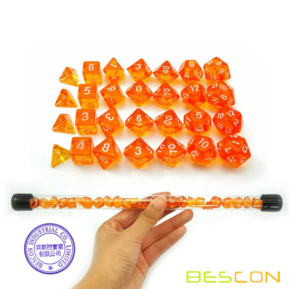 Bescon 28pcs Translucent Orange Mini Polyhedral Dice Set in Tube, Mini RPG Dice 4X7pcs,Mini Gem Dice Tube Set