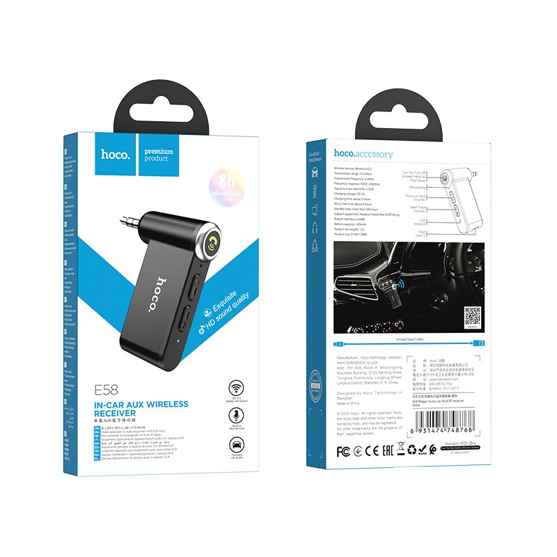 Hoco – adaptateur mains-libres sans fil pour musique, micro, Audio, AUX, bluetooth, récepteur casque, Jack 3.5mm, pour voiture, 5.0