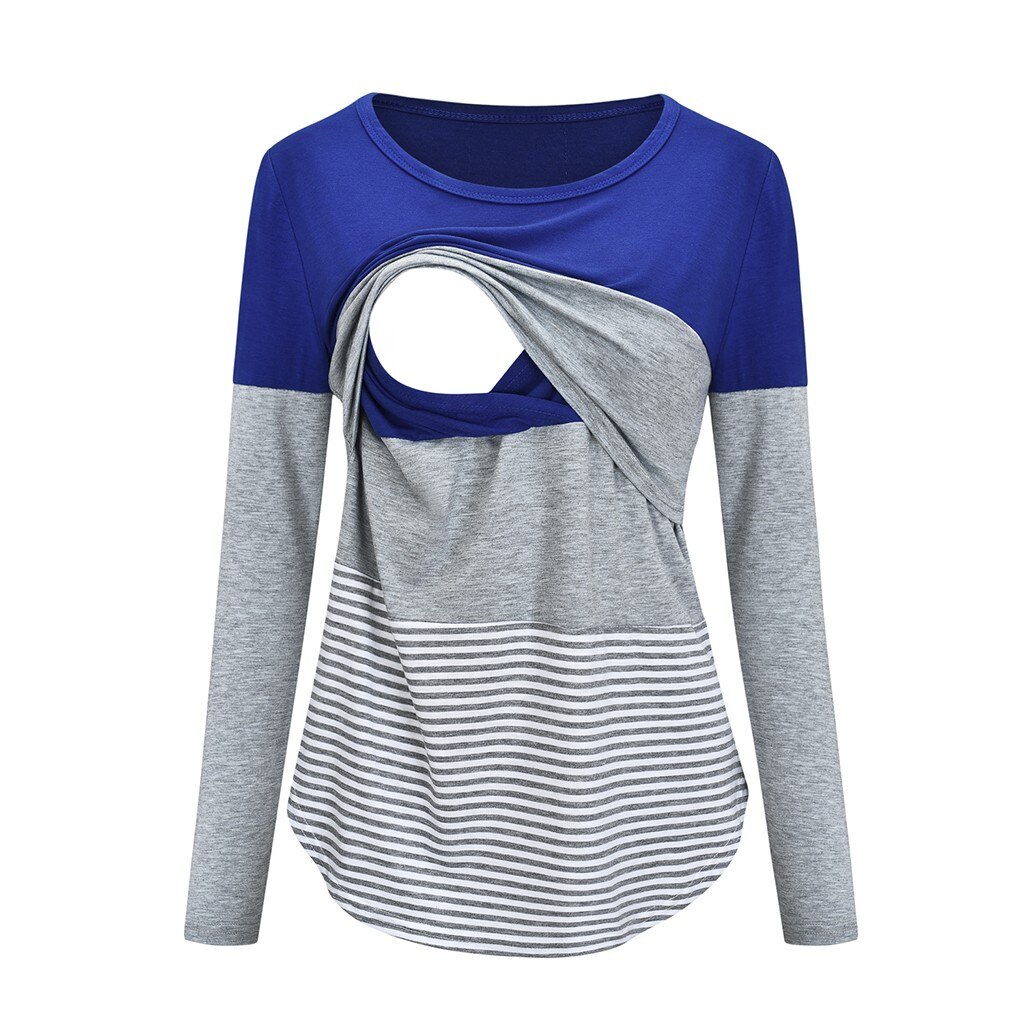 Women Breastfeeding Clothes Maternity Long Sleeve Striped Nursing Tops Female Casual Plus Size For Nursing Mothers Clothes: Blue  / L