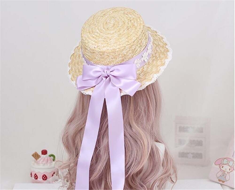 Mori Girl Cute Big Bow Lace Ribbon Lolita Straw Hat Sweet Princess Lolita Flat Cap Beach Cap B1527