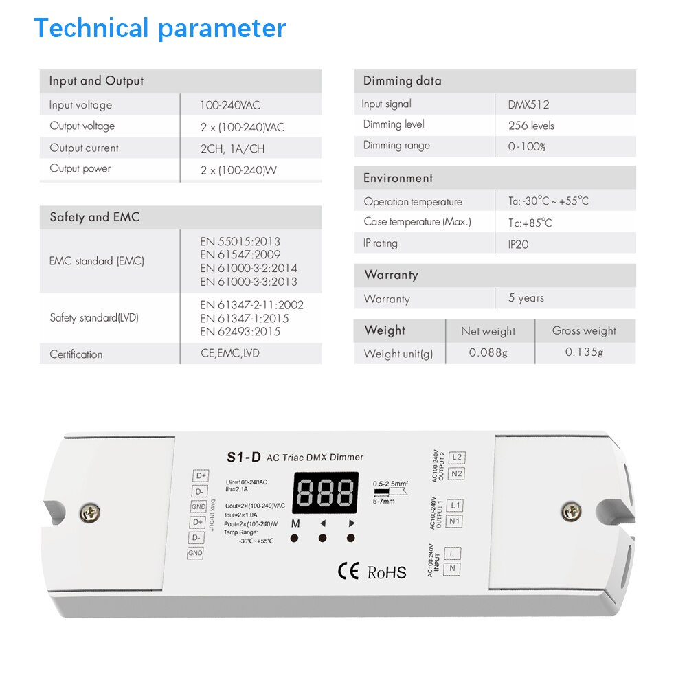 Triac LED Dimmer 220V 230V 110V AC 2 Kanal DMX512 Regler Dimmbare Dual kanal LED-lampe Lampe DMX Triac Dimmer Schalter S1-D