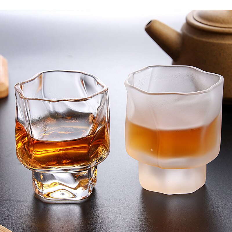 2Pcs Japanese Style Origami Shape Glass Cup Transparent Frosted Whiskey Glass Espresso Cup Shot Glass Home Tea Cup 60ml