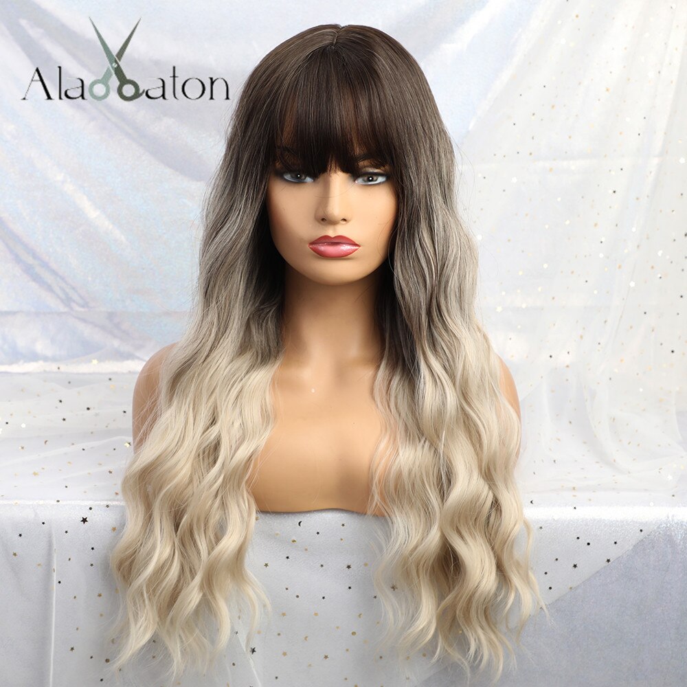 Pelucas de ondas naturales ALAN EATON con flequillo negro Beige gris pelucas largo sintético para mujeres pelo de fibra resistente al calor