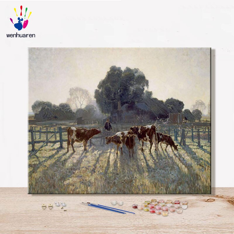 Diy paint by numbers picture drawing by numbers with kits Animal Horse dog cattle Decorative hanging painting Handmade: 100216 / 60x80 no frame