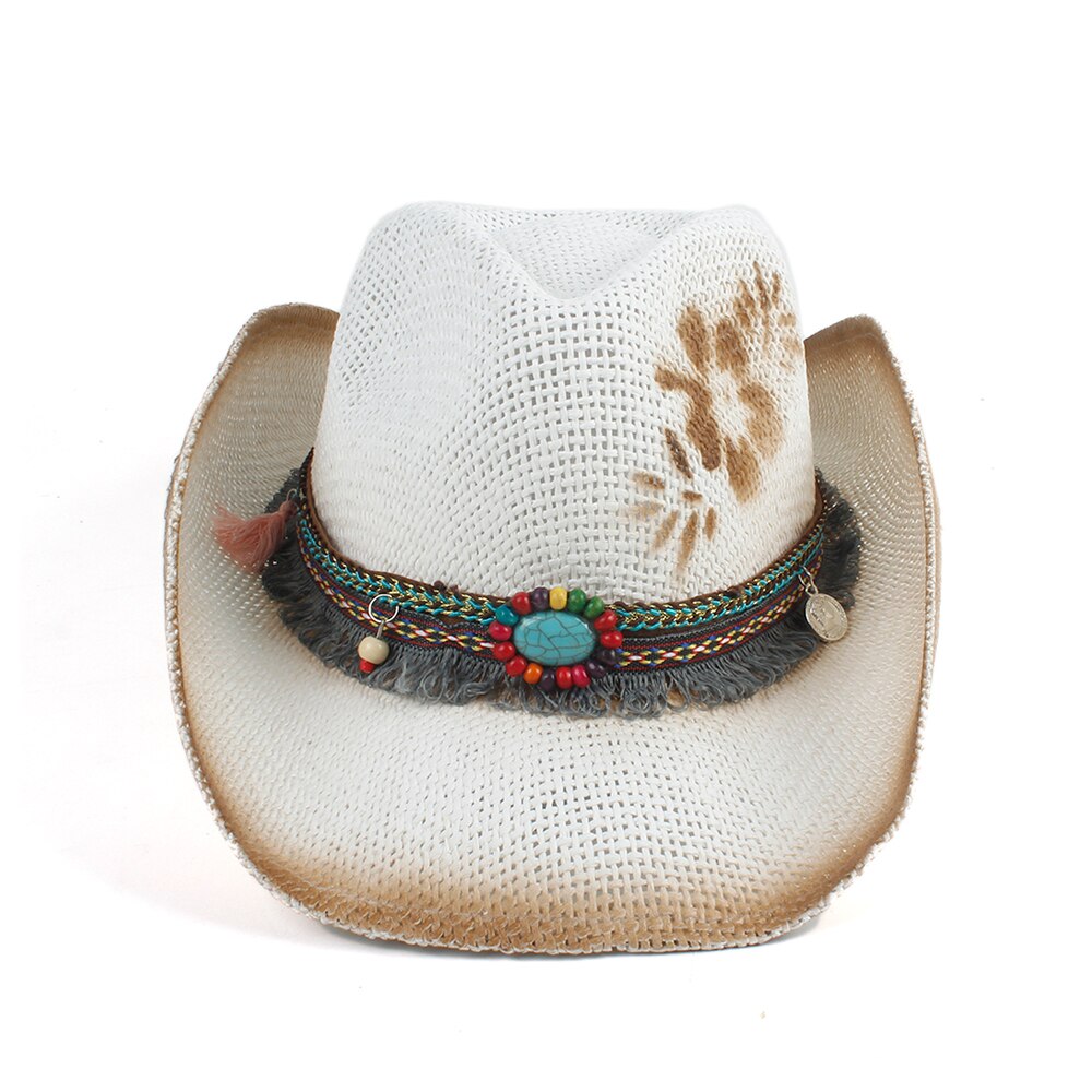 Bloem Vrouwen Straw Hollow Western Cowboyhoed Dame Handgemaakte Bohemen Sombrero Hombre Strand Cowgirl Jazz Zonnehoed Size 56- 58 CM: White LSSO