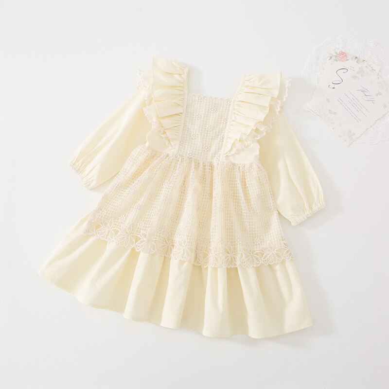 1195D 2022 Spring Korean Girls Dresses Long Sleeve Lace Vest and Flare Sleeve Dresses Princess Birthday Party Girls Clothes: Beige / 90cm 2T