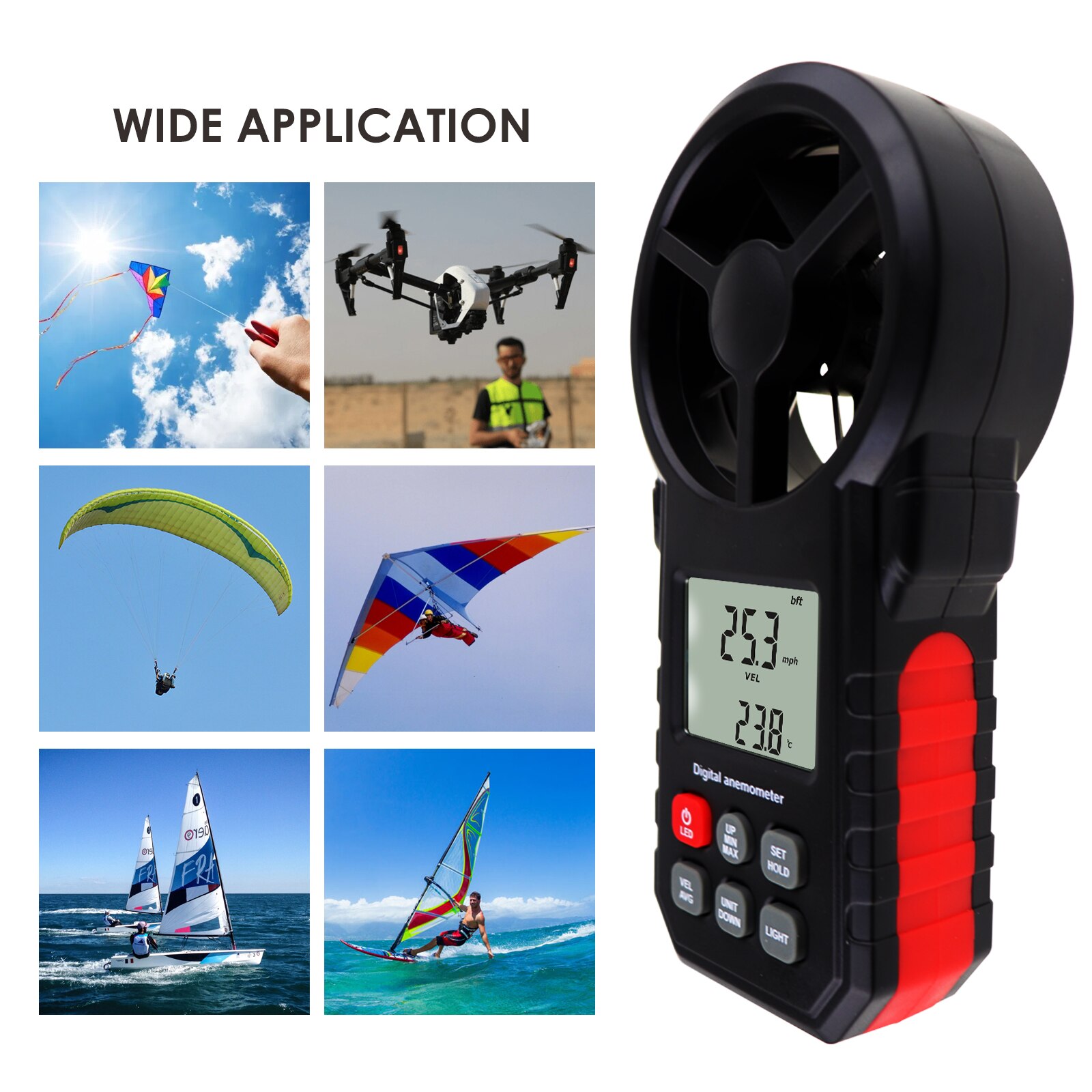 Digital Wind Speed / Air Velocity / Temperature Anemometer Thermometer Barometer Backlight Humidity Meter w/ Tripod Mount Hole