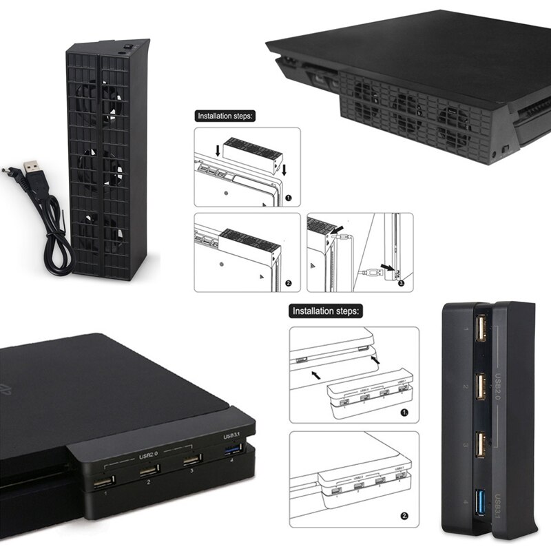 Turbo Kühler &Ampere; USB Hub Combo Bausatz für PS4 schlank - Auto Temperatur Gesteuert Lüfter und USB2.0/3,0 Erweiterung Adapter Ladegerät
