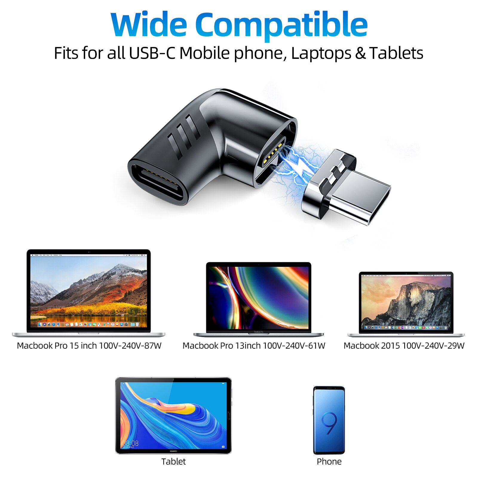 Cabo adaptador de carregamento rápido 100w, conector magnético de 90 graus para ipad 2019 samsung xiaomi 9 10 tipo c