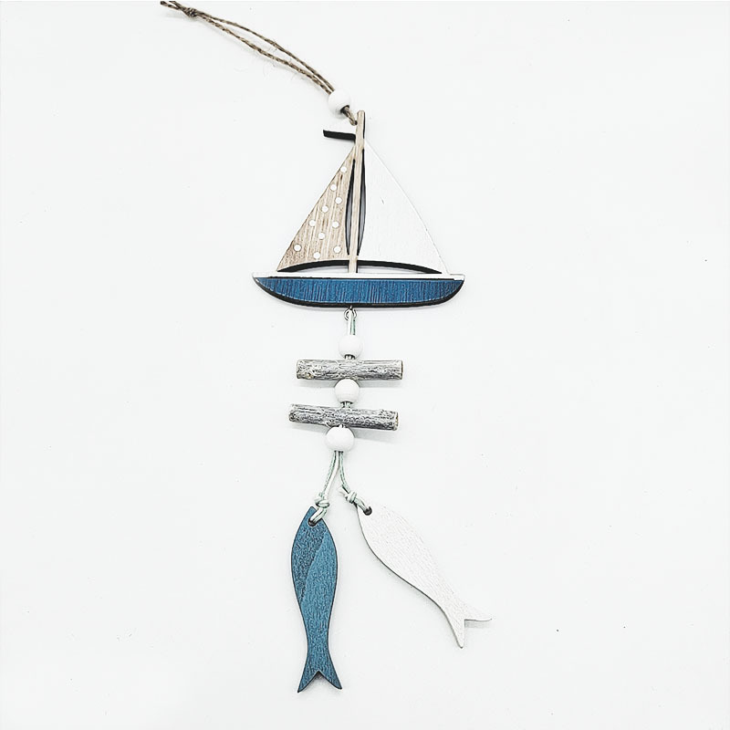 Colgante de madera de estilo marino, decoración colgante de pared de barco de peces pequeños, creativos, artesanías de viento del océano, decoración del hogar: Gris claro