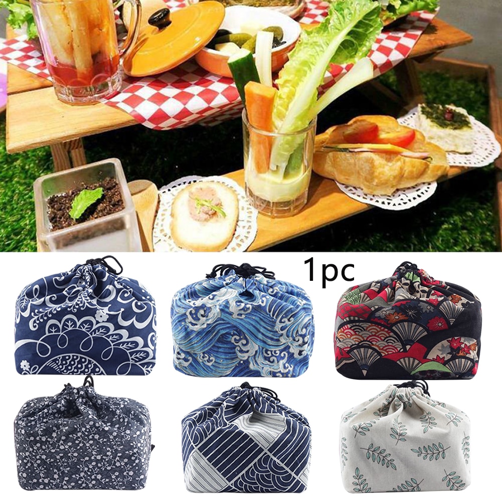 Bedrukte, thermisch geïsoleerde, draagbare schoolpicknick-tas met trekkoord in japanse stijl, bento-tas, voedselopslag, lunchtas, stoffen koeltas