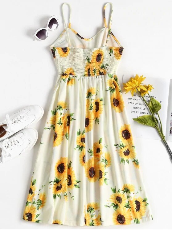 ZAFUL Boho Floral Print Summer Dress V Neck Pockets Sleeveless Midi Dresses Female Sunflower Pleated Backless Button Sexy Dress