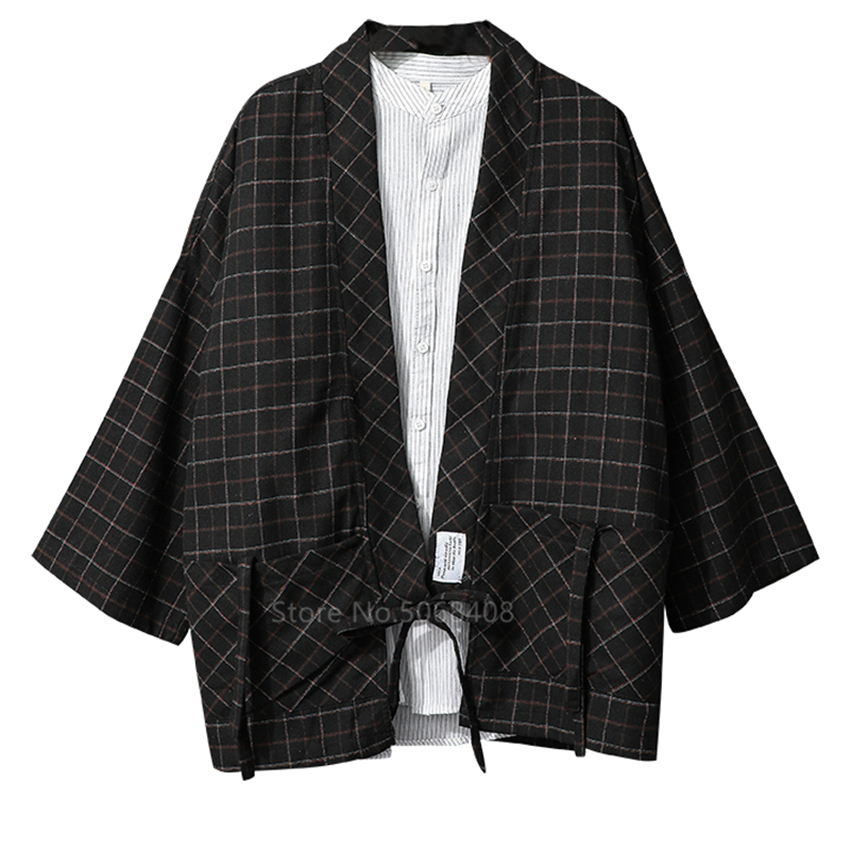 Style japonais Haori hommes samouraï Costume Harajuku Kimono Cardigan Plaid Yukata manteau pansement fête femmes Streetwear fête