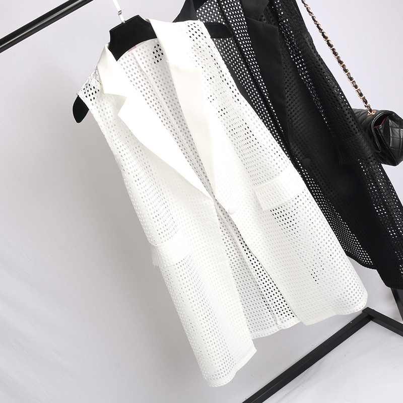 Lang vest kvinder sommer ærmeløse cardigan veste udhulet tyndt overtøj dame fritidstøj sort hvid m -3xl