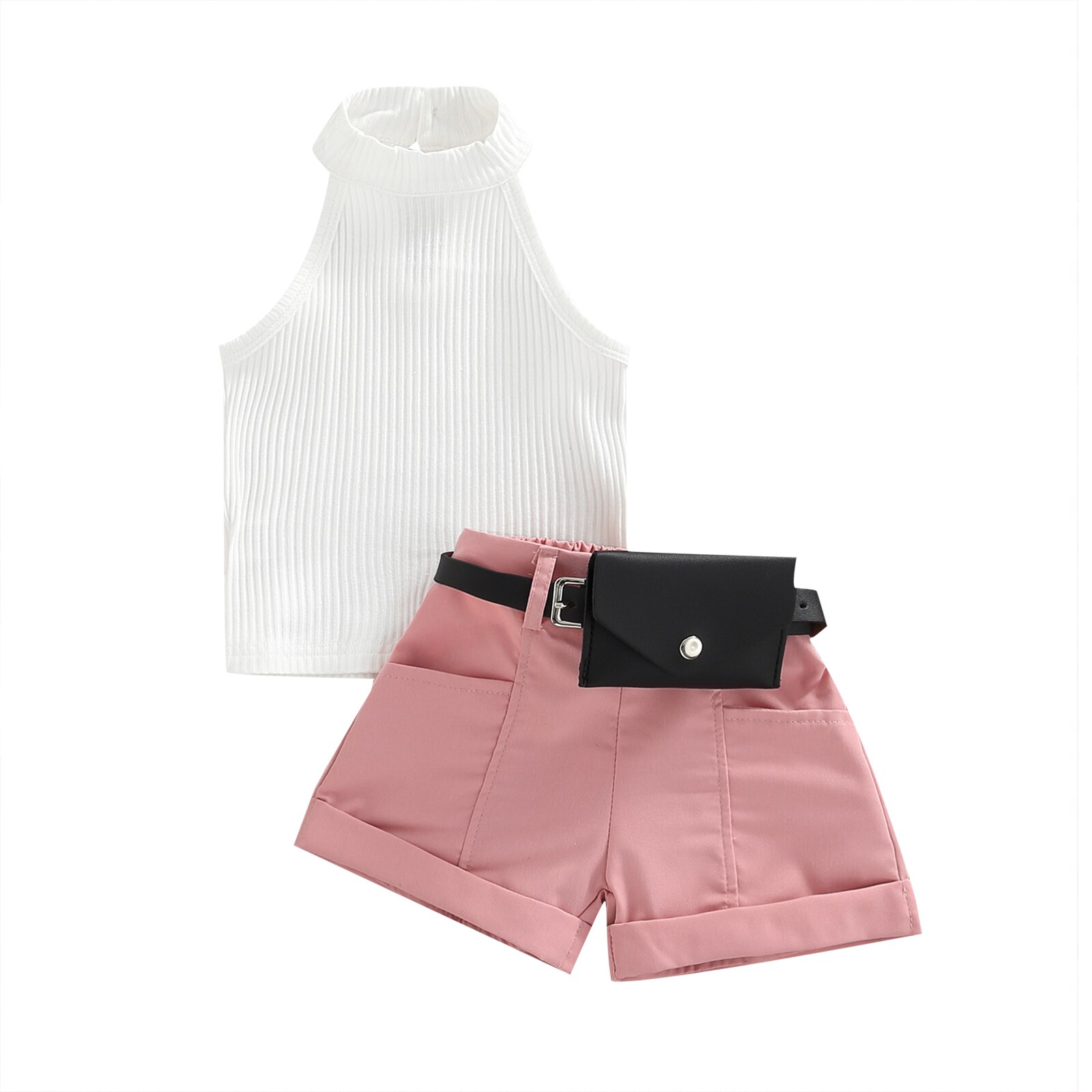Toddler Girls Clothing set 2022 Summer Fashion tinta unita senza maniche a costine Top Shorts marsupio Outfit abito per bambini: Colore rosa / 12m
