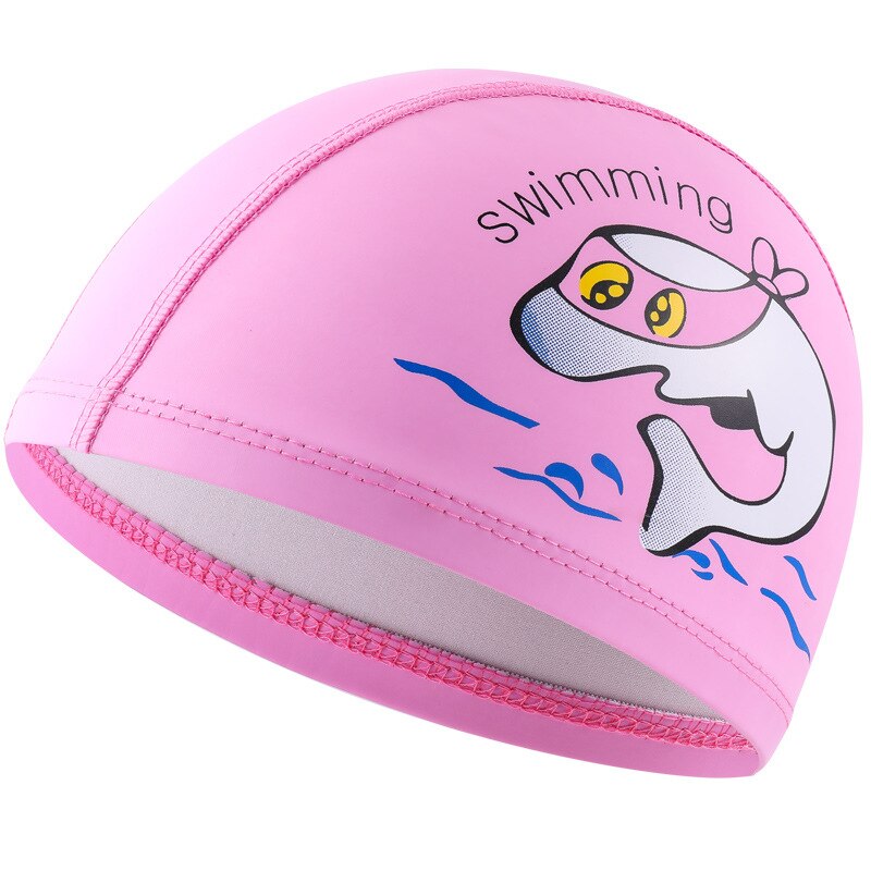 Children's Swimming Cap PU Cartoon Print Boys and Girls Swimming Elastic Hat Swimming Pool Cap Ear Protection Children Cap: Pink