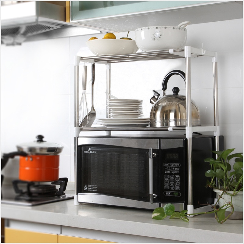 2-layer Stainless Steel Multi-function Microwave Oven Rack Retractable Kitchen Storage Organizer Storage Rack Shoe Rack Home