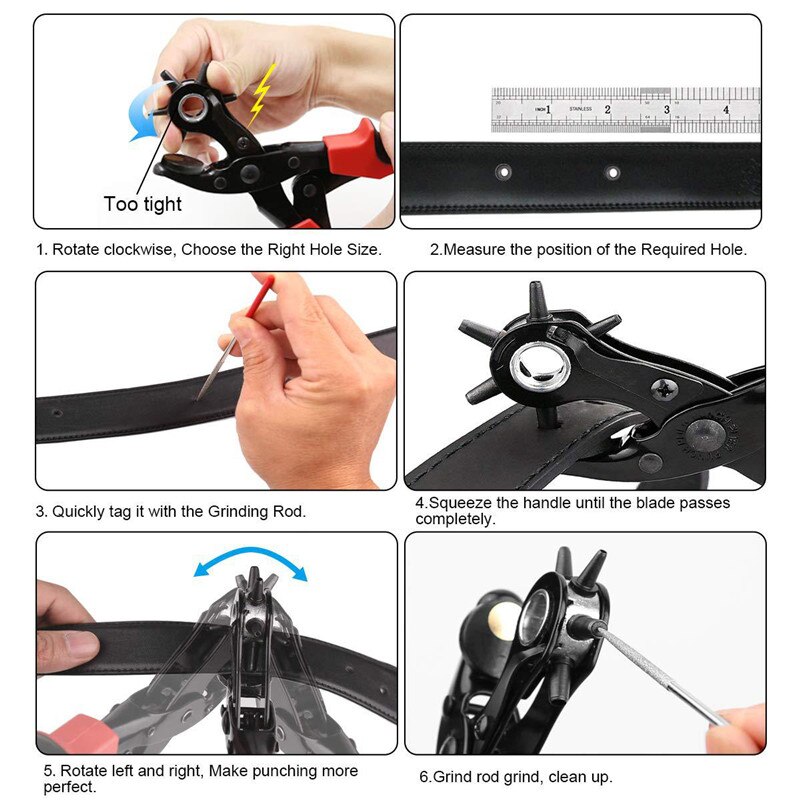Pince de perforateur de trou de ceinture multifonction avec 6 trous perforateur en cuir tournant de tissu pour ceintures bracelets de montre sangles cartes papier