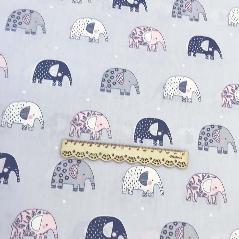 Tela de sarga de algodón para tejido de elefante pequeño de dibujos animados, gris y rosa, para ropa de cama de cuna, cojín, Sábana, decoración de trabajo manual: GREY / 150X160CM