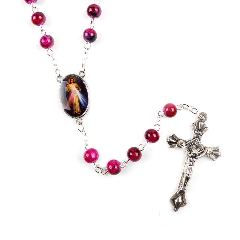 5 stili moda cattolica vergine maria gesù piccola dimensione rotonda perla accessori gioielli catena croce pendente rosario perline collana: Style 4-rose red
