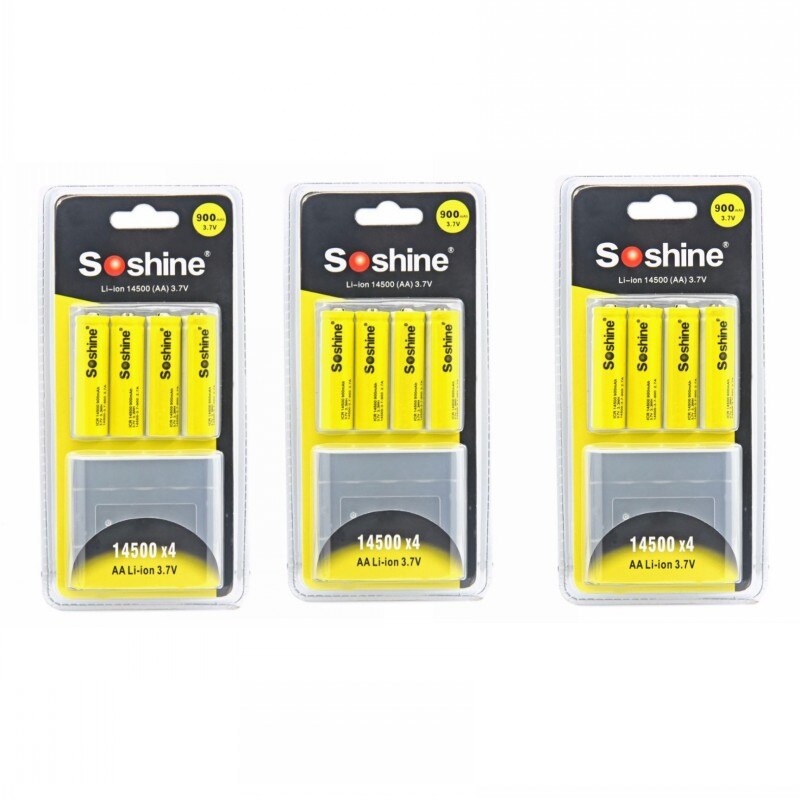 4 unids/pack Soshine ICR 14500 AA Li-Ion de la batería de 3,7 V 900mAh baterías recargables con la caja de la batería: 12pcs battery