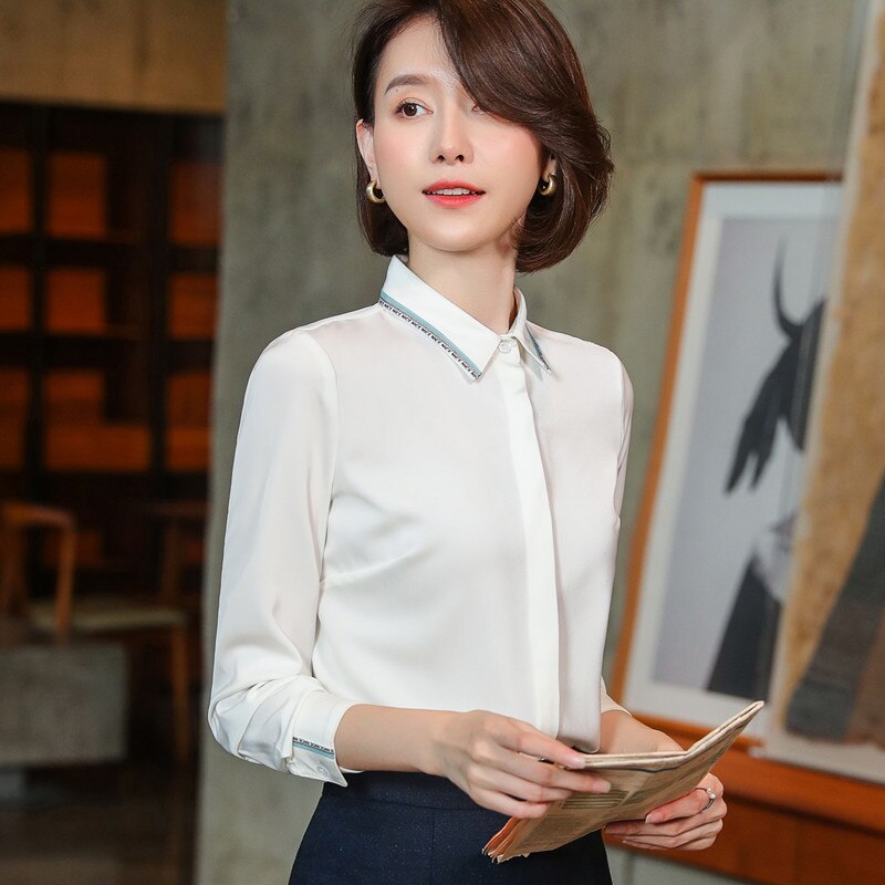 Navy Blue Satin Chiffon Shirt Women Spring Simple Tops Long Sleeve High End Formal Work Blouses White