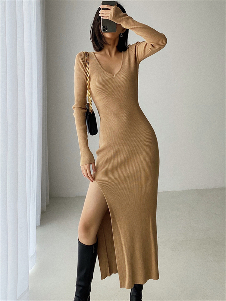 REALEFT Otoño Invierno francés Sexy hendidura suéter de las mujeres vestido femenino con cuello en V ajustado vestidos envolventes 2023: S / Caqui