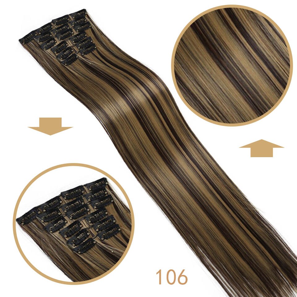 LANLAN 16 clips Lange Gerade Synthetische Haar Extensions Clips in Hohe Temperatur Faser Schwarz Braun Haarteil: 106