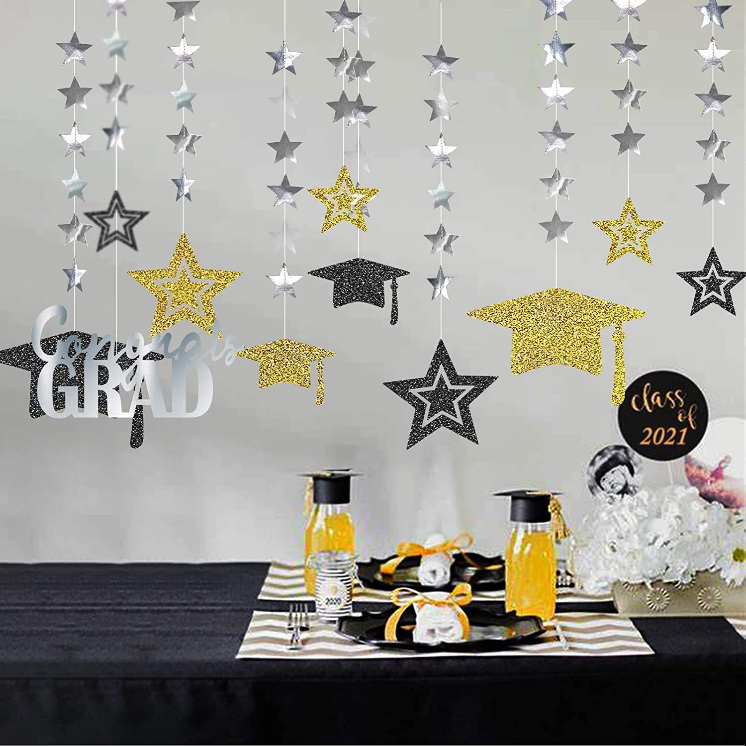 2022 Graduation Congratulation Party Hat Banner Paper Cap Star Garland Wall Hanging for School Congrats Grad Balloons Decoration