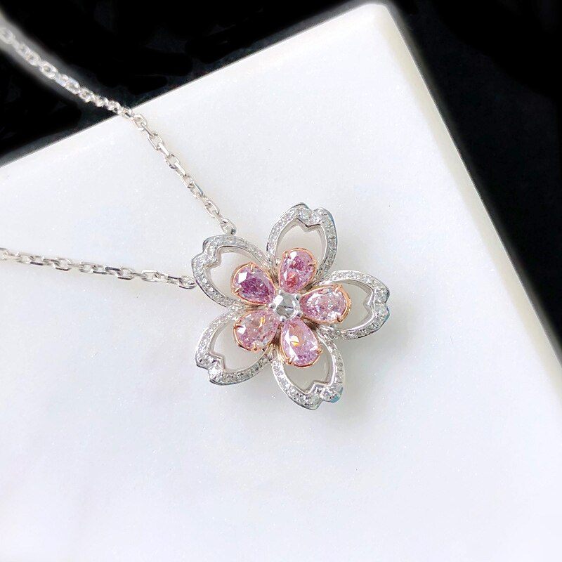 2022 Spring Cherry Flower Silver Color Earrings Pendant Necklace Pink Jewelry Set Bling Zircon Wedding Bridal for Brides Jewelry: Necklace