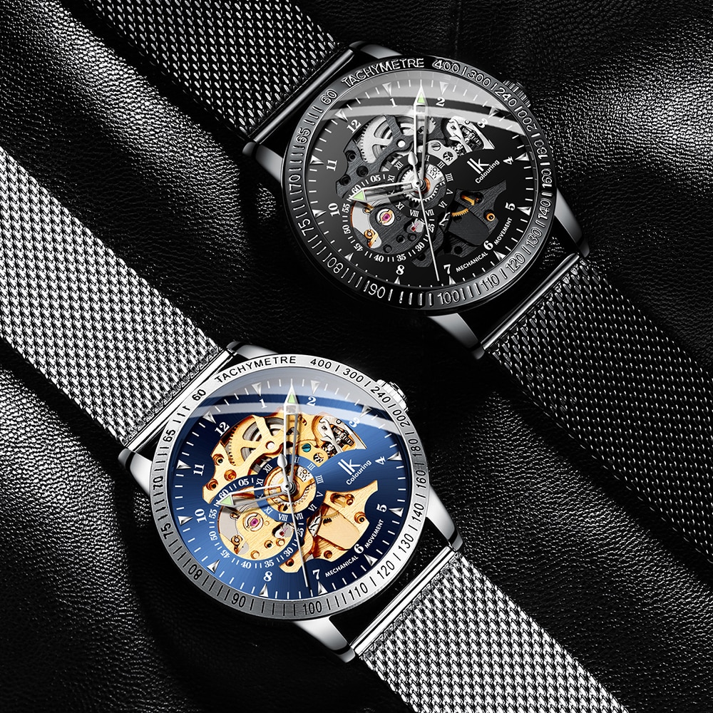 Ik färglägg herrklockor mesh flätat band i rostfritt stål automatisk mekanisk manlig klocka skelett steampunk relogio masculino