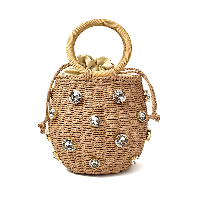 runde Rattan Strand Tasche Handgemachte Strass Kristall Stroh Tasche Kleine Stroh Eimer Taschen Dame Reise Geldbörsen und Handtaschen X809H: Brown